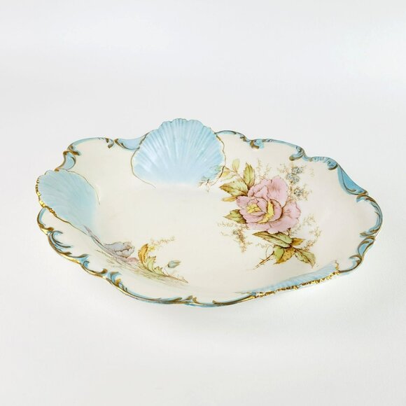 Antique Shabby Chic Porcelain Blue Shell Pink Floral Bowl c1900-16 La Francaise - Picture 3 of 12